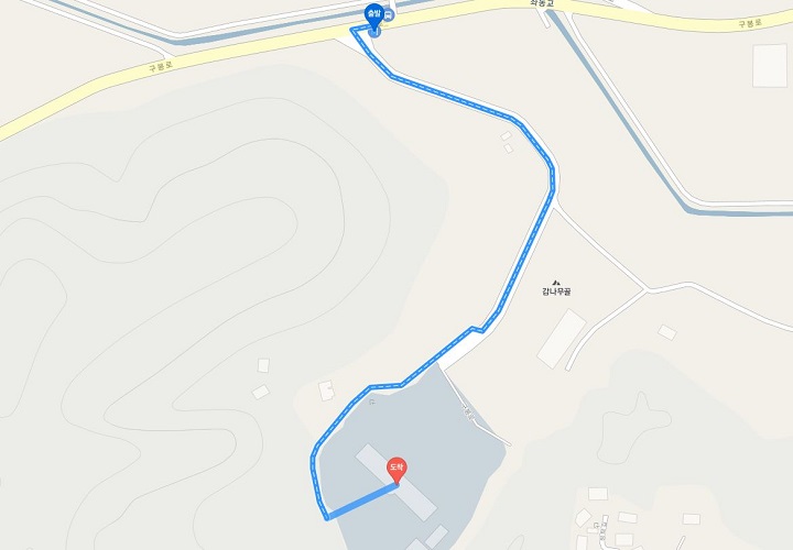 도보로 정좌2리 시내버스정류서 출발하여 청양군농업기술센터에 도착하는 길을 나타낸 지도이미지입니다.