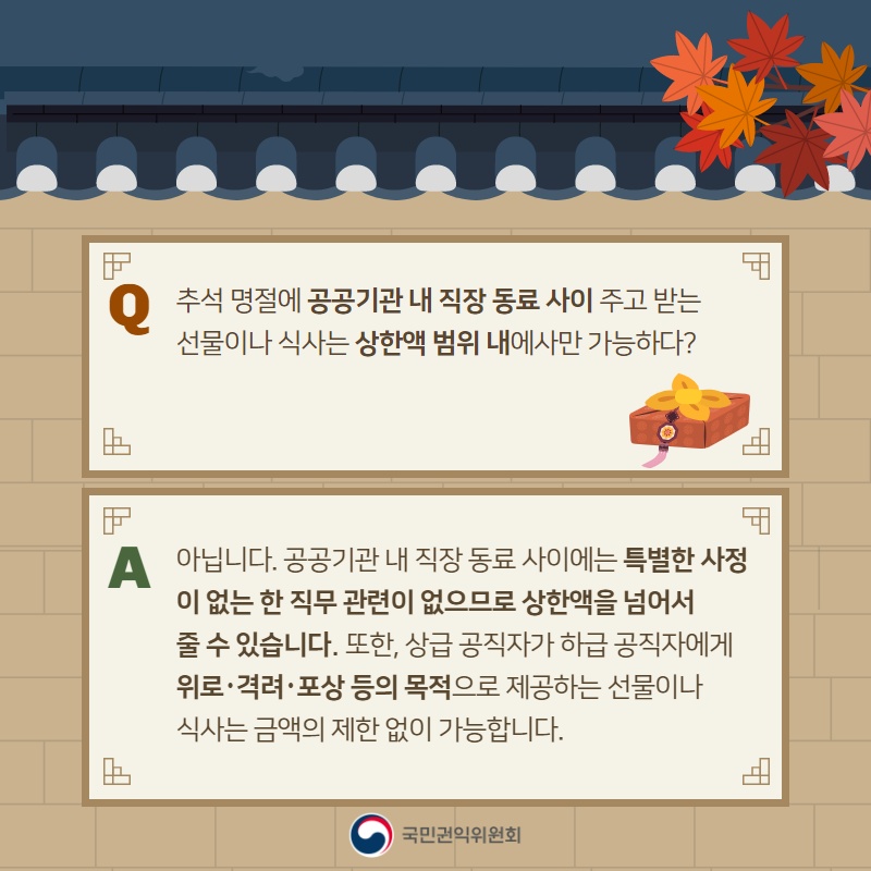 추석 명절에 공공기관 내 직장 동료 사이 주고 받는 선물이나 식사는 상한액 범위 내에서만 