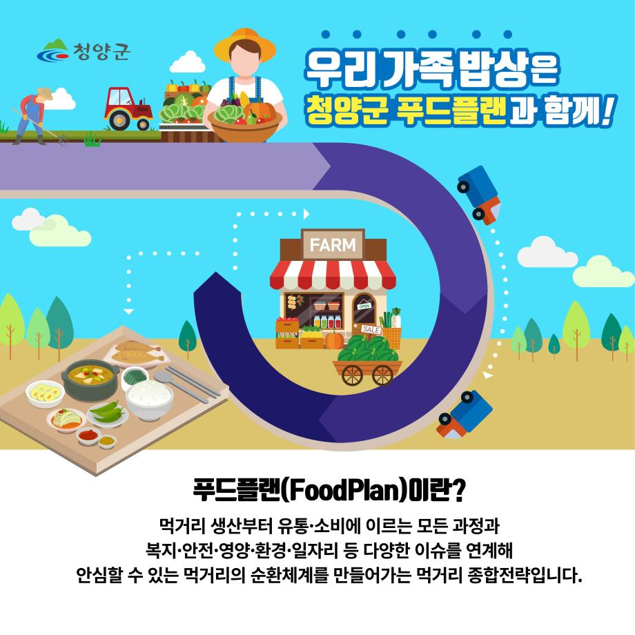 청양군 우리가족밥상은 청양군 푸드플랜과 함께! 푸드플랜(FoodPlan)이란? 먹거리 생산부터 유통/소비에 이르는 모든 과정과 복지/안전/영양/환경/일자리 등 다양한 이슈를 연계해 안심할 수 있는 먹거리의 순환체계를 만들어가는 먹거리 종합전략입니다.