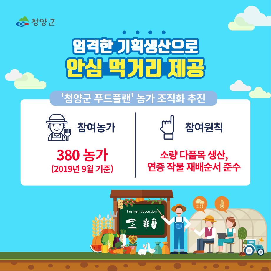 청양군 엄격한 기획생산으로 안심 먹거리 제공 ‘ 청양군 푸드플랜’ 농가 조직화 추직 참여농가 380농가(2019년 9월 기준) 참여원칙 소량 다품목 생산, 연중 작물 재배순서 준수