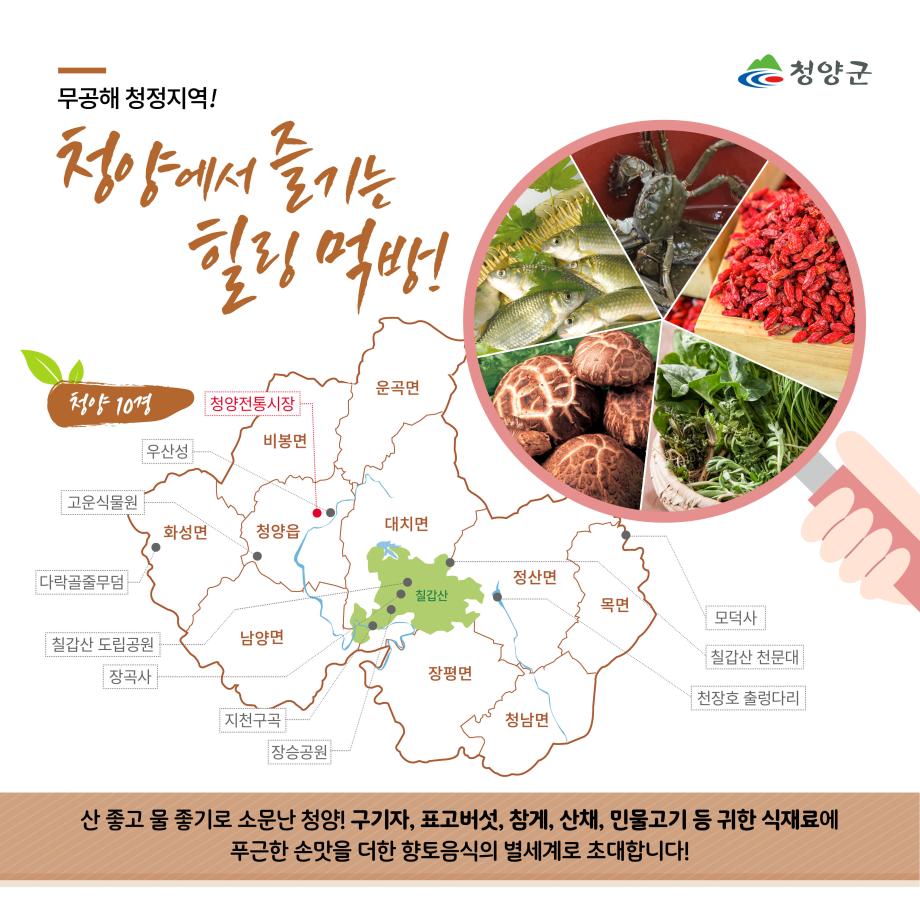 청양군
무공해 청정지역!
청양에서 즐기는 힐링 먹방!
청양 10경
청양읍 : 청양전통시장, 우산성, 고운식물원 / 화성면 : 다락골줄무덤 / 칠갑산 : 칠갑산 도립공원, 장곡사, 지천구곡, 장승공원, 칠갑산 천문대 / 정산면 : 천장호 출렁다리 / 목면 : 모덕사
산 좋고 물 좋기로 소문난 청양! 구기자, 표고버섯, 참게, 산채, 민물고기 등 귀한 식재료에 푸근한 손맛을 더한 향토음식의 별세계로 초대합니다!