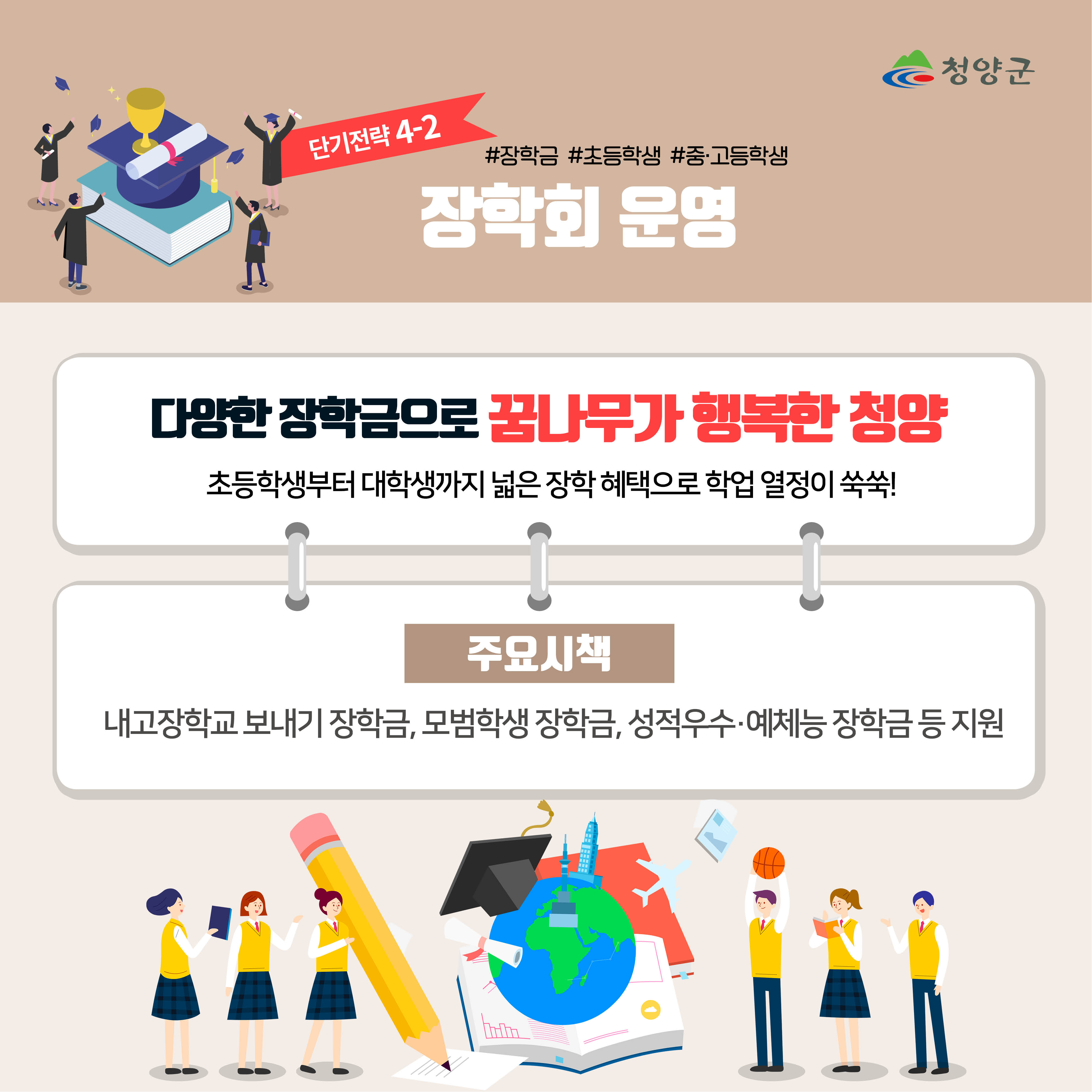 청양군
단기전략 4-2.
#장학금 #초등학생 #중·고등학생
장학회 운영

다양한 장학금으로 꿈나무가 행복한 청양
초등학생부터 대학생까지 넓은 장학 혜택으로 학업 열정이 쑥쑥!

주요시책 : 내고장학교 보내기 장학금, 모범학생 장학금, 성적우수 예체능 장학금 등 지원