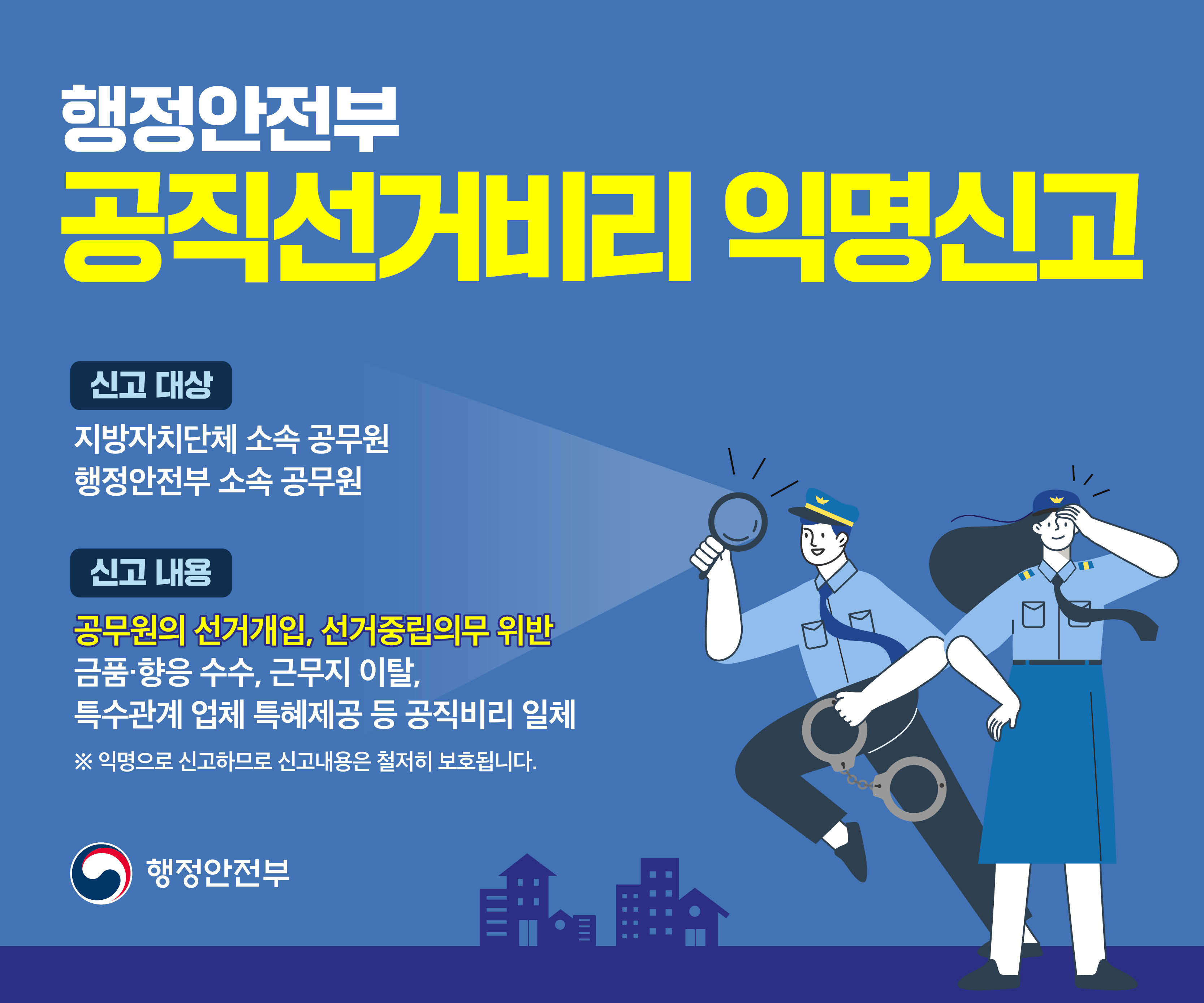 행전안전부 공직선거비리 익명신고
신고대상
지방자치단체 소속 공무원, 행정안전부 소속 공무원
신고내용
공무원의 선거개입, 선거중립의무 위반
금품·향응 수수, 근무지 이탈
특수관계 업체 특혜제공 등 공직비리 일체
※ 익명으로 신고하므로 신고내용은 철저히 보호됩니다.