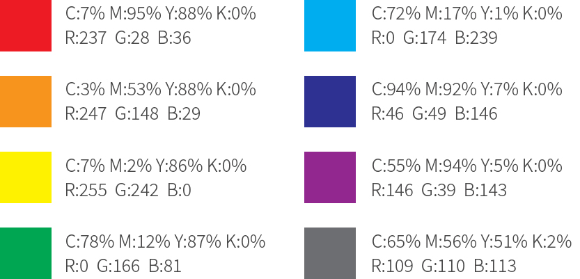 1. C:77%  M:13%  Y:91%  K:0%, R:37  G:157  B:73 2.C:49%  M:64%  Y:68%  K:4%, R:146  G:103  B:82 3.C:76%  M:38%  Y:0%  K:0%,R:49  G:132  B:198 4.C:0%  M:95%  Y:100%  K:0%,R:230  G:34  B:16, 5.C:0%  M:0%  Y:0%  K:70%, R:113  G:112  B:113