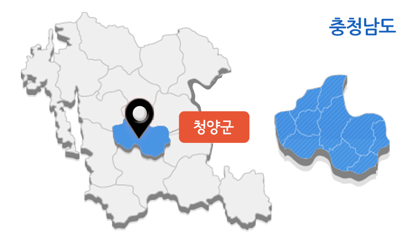 충청남도 청양군의 지리적위치 : 동경 126°42′∼127°02′, 북위 36°18′∼36°34′에 위치