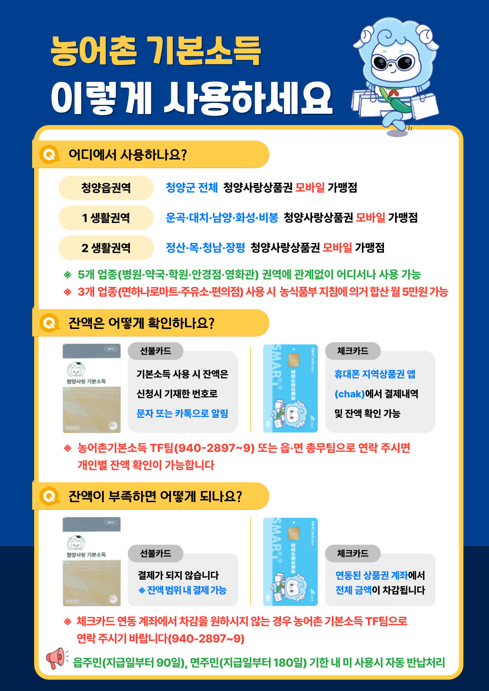 농어촌 기본소득 이렇게 사용하세요
어디에서 사용하나요?
청양읍권역 : 청양군 전체 청양사랑상품권 모바일 가맹점
1생활권역 : 운곡·대치·남양·화성·비봉 청양사랑상품권 모바일 가맹점
2생활권역 : 정산·목·청남·장평 청양사랑상품권 모바일 가맹점
5개 업종(병원·약국·학원·안경점·영화관) 권역에 관계없이 어디서나 사용 가능
3개 업종(면하나로마트·주유소·편의점) 사용시 농식품부 지침에 의거 합산월 5만원가능
잔액은 어떻게 확인하나요?
선불카드 : 기본소득 사용 시 잔액은 신청시 기재한 번호로 문자 또는 카톡으로 알림
체크카드 : 휴대폰 지역상품권 앱(chak)에서 결제내역 및 잔액 확인 가능
농어촌기본소득 TF팀(940-2897~9) 또는 읍·면 총무팀으로 연락 주시면 개인별 잔액 확인이 가능합니다
잔액이 부족하면 어떻게 되나요?
선불카드 : 결제가 되지 않습니다. 잔액 범위 내 결제가능
체크카드 : 연동된 상품권 계좌에서 전체 금액이 차감됩니다
체크카드 연동 계좌에서 차감을 원하시지 않는 경우 농어촌 기본소득 TF팀으로 연락주시기 바랍니다(940-2897~9)
읍주민(지급일부터 90일), 면주민(지급일부터 180일) 기한 내 미사용시 자동 반납처리