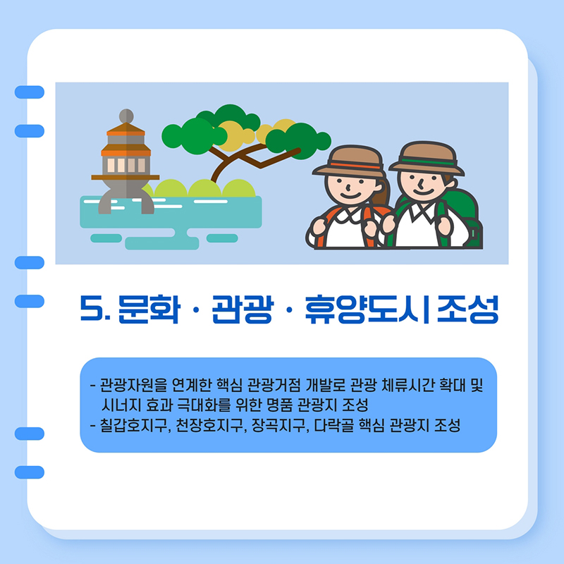 5. 문화 관광 휴양도시 조성 -관광자원을 연계한 핵심 관광거점 개발로 관광 체류시간 확대 및 시너지 효과 극대화를 위한 명품 관광지 조성 -칠갑호지구, 천장호지구, 장곡지구, 다락골 핵심 관광지 조성