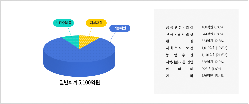 일반회계 5,100억원 - 의존재원, 자체재원, 보전수입 등 / 공공행정.안전: 488억원(8.8%), 교육.문화관광: 344억원(6.8%), 환경: 654억원(12.8%), 사회복지.보건: 1,010억원(19.8%), 농림수산: 1,101억원(21.6%), 지역개발.교통.산업: 658억원(12.9%), 예비비: 99억원(1.9%), 기타: 786억원(15.4%)