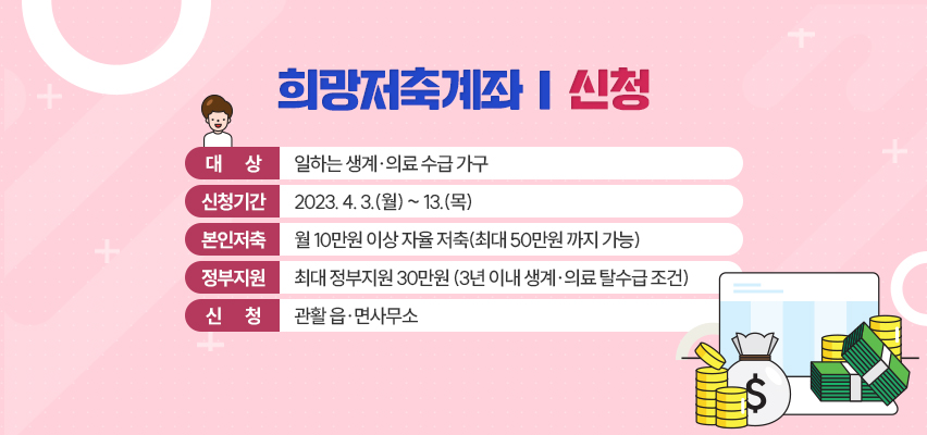 희망저축계좌 신청
대상 : 일하는 생계의료 수급 가구
신청기간 : 2023.4.3.(월) ~ 13.(목)
본인저축 : 월 10만원 이상 자율 저축(최대 50만원 까지 가능)
정부지원 : 최대 정부지원 30만원(3년 이내 생계의료 탈수급 조건)
신청 : 관할 읍면사무소