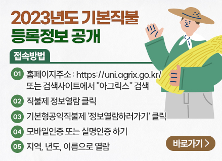 2023년도 기본직불 등록정보 공개 

접속방법

1. 홈페이지주소 : https://uni.agrix.go.kr/ 또는 검색사이트에서 "아그릭스" 검색

2. 직불제 정보열람 클릭

3. 기본형공익직불제 '정보열람하러가기' 클릭

4. 모바일인증 또는 실명인증 하기

5. 지역, 년도, 이름으로 열람

[바로가기]