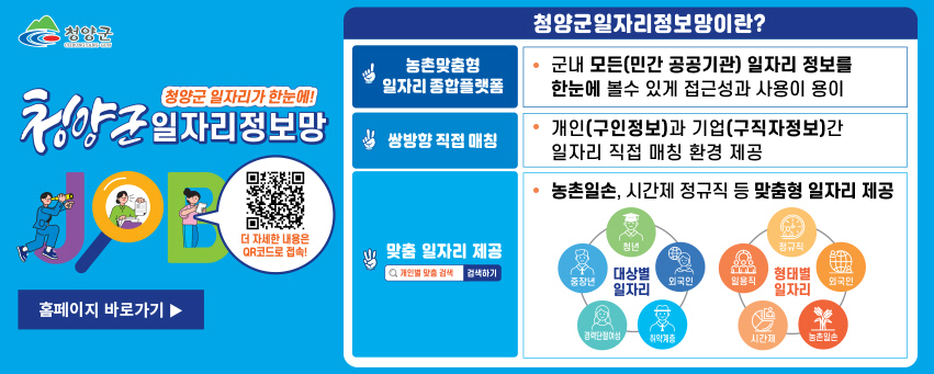 청양군 일자리가 한눈에! 청양군일자리정보망
청양군일자리정보망이란?
농촌맞춤형 일자리 종합플랫폼
군내 모든(민간·공공기관) 일자리 정보를 한눈에 볼 수 있게 접근성과 사용이 용이
쌍방향 직접 매칭
개인(구인정보)와 기업(구직자정보)간 일자리 직접 매칭 환경 제공
맞춤 일자리 제공 개인별 맞춤 검색 검색하기
농촌일손, 시간제, 정규직 등 개인별 특화된 맞춤형 일자리 제공