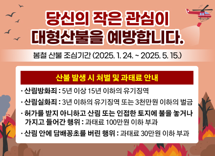 당신의 작은 관심이 대형산불을 예방합니다. 
□ 산불 발생 시 처벌 및 과태료 안내
○ 산림방화죄 : 5년 이상 15년 이하의 유기징역
○ 산림실화죄 : 3년 이하의 유기징역 또는 3천만원 이하의 벌금
○ 허가를 받지 아니하고 산림 또는 인접한 토지에 불을 놓거나 가지고 들어간 행위 : 과태료 100만원 이하 부과
○ 산림 안에 담배꽁초를 버린 행위 : 과태료 30만원 이하 부과
  봄철 산불 조심기간(2025. 1. 24. ~ 2025. 5. 15.)
