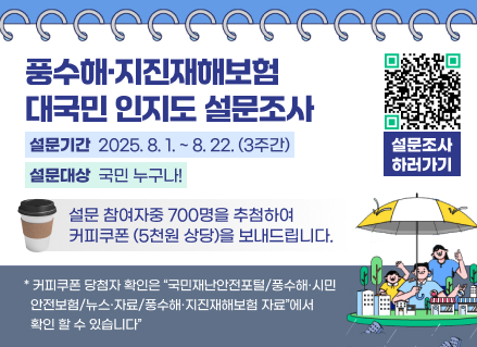 품수해·지진재해보험
대국민 인지도 설문조사


설문기간 2025.8.1 .~ 8.22. (3주간)

설문조사

설문대상 국민 누구나!

하러가기

설문 참여자중 700명을 추첨하여
커피쿠폰 (5천원 상당)을 보내드립니다.

* 커피쿠폰 당첨자 확인은 "국민재난안전포털/풍수해·시민
안전보험/뉴스·자료/풍수해·지진재해보험 자료"에서
확인 할 수 있습니다"

QR코드 링크 : https://docs.google.com/forms/d/e/1FAIpQLSc9WmjdpB8CG-SyDG1gjUuyjQcdJRKst-UOMdVQCCusQliCSQ/viewform?pli=1