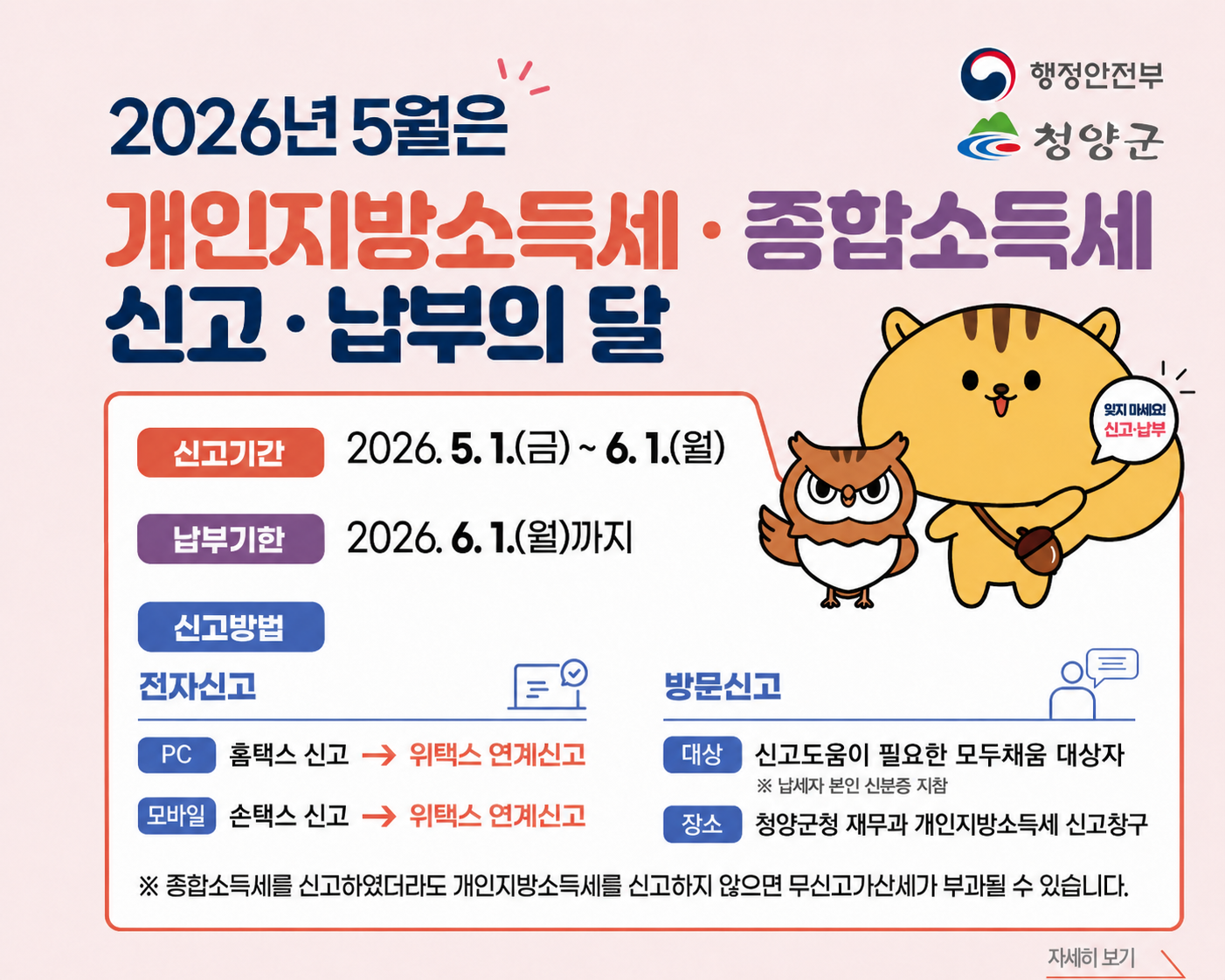 2026년 5월은 개인지방소득세·종합소득세 신고·납부의 달
신고기간 2026. 5. 1.(금) ~ 6. 1.(월)
납부기한 2026. 6. 1.(월) 까지
신고방법
전자신고 PC 홈택스 신고 → 위택스 연계신고, 모바일 손택스 신 → 위택스 연계신고
방문신고 대상 신고도움이 필요한 모두채움대상자 ※ 납세자 본인 신분증 지참 장소 청양군청 재무과 개인지방소득세 신고창구
※ 종합소득세를 신고하였더라도 개인지방소득세를 신고하지 않으면 무신고가산세가 부과될 수 있습니다.