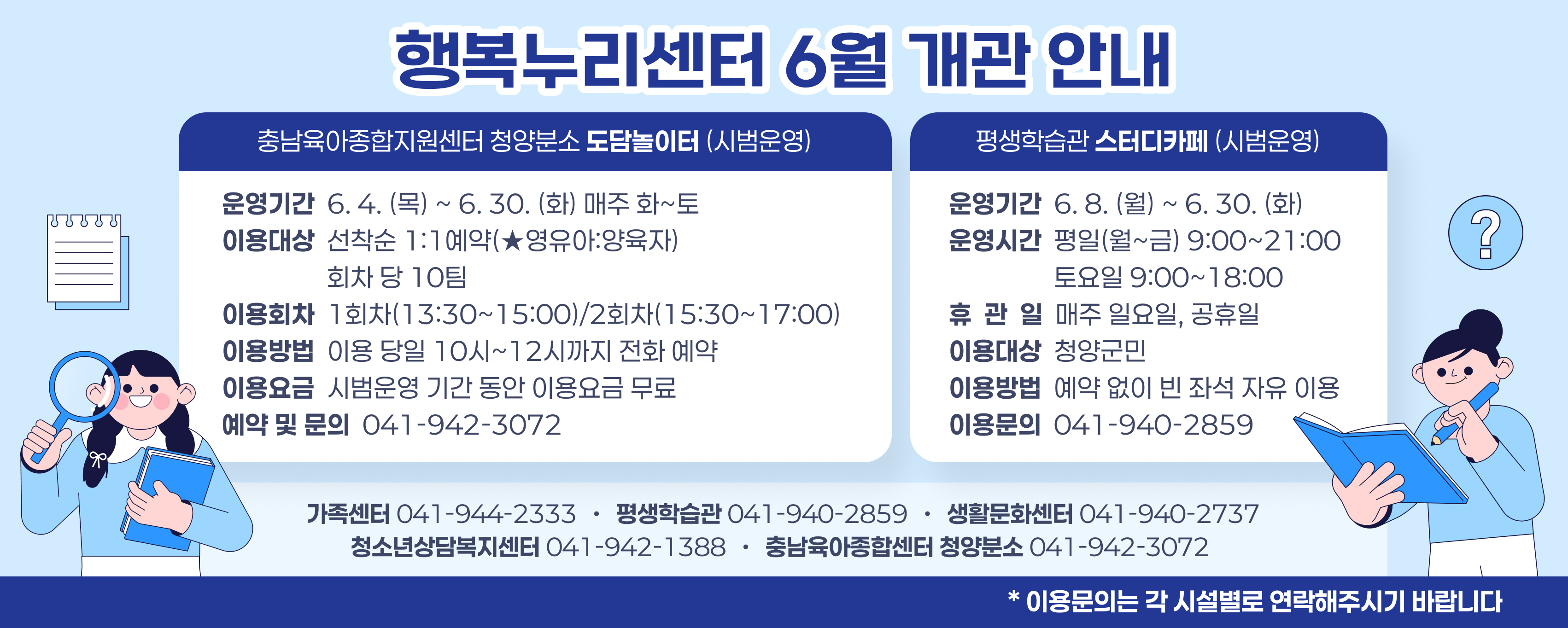 <행복누리센터 6월 개관 안내>

기관
연 락 처
가족센터
041)944-2333
평생학습관
041)940-2859
생활문화센터
041)940-2737
청소년상담복지센터
041)942-1388
충남육아종합센터 청양분소
041)942-3072

※ 일부시설 시범운영

시설명
시범운영안내
충남육아종합지원센터
청양분소
도담놀이터
- 운영기간 : 6.4.(목) ~ 6.30.(화) 매주 화~토
- 이용대상 : 선착순 1:1예약(★영유아:양육자)
             회차 당 10팀
- 이용회차 : 1회차(13:30~15:00)/2회차(15:30~17:00)
- 이용방법 : 이용 당일 10시~12시까지 전화 예약
- 이용요금 : 시범운영 기간 동안 이용요금 무료
- 예약 및 문의 : 041)942-3072
평생학습관
스터디카페
- 운영기간 : 6.8.(월) ~ 6.30.(화) 
- 운영시간 : 평일(월~금) 9:00~21:00
            토요일 9:00~18:00
- 휴 관 일 : 매주 일요일, 공휴일
- 이용대상 : 청양군민 
- 이용방법 : 예약 없이 빈 좌석 자유 이용
- 이용문의 : 041)940-2859

이용문의는 각 시설별로 연락해주시기 바랍니다.