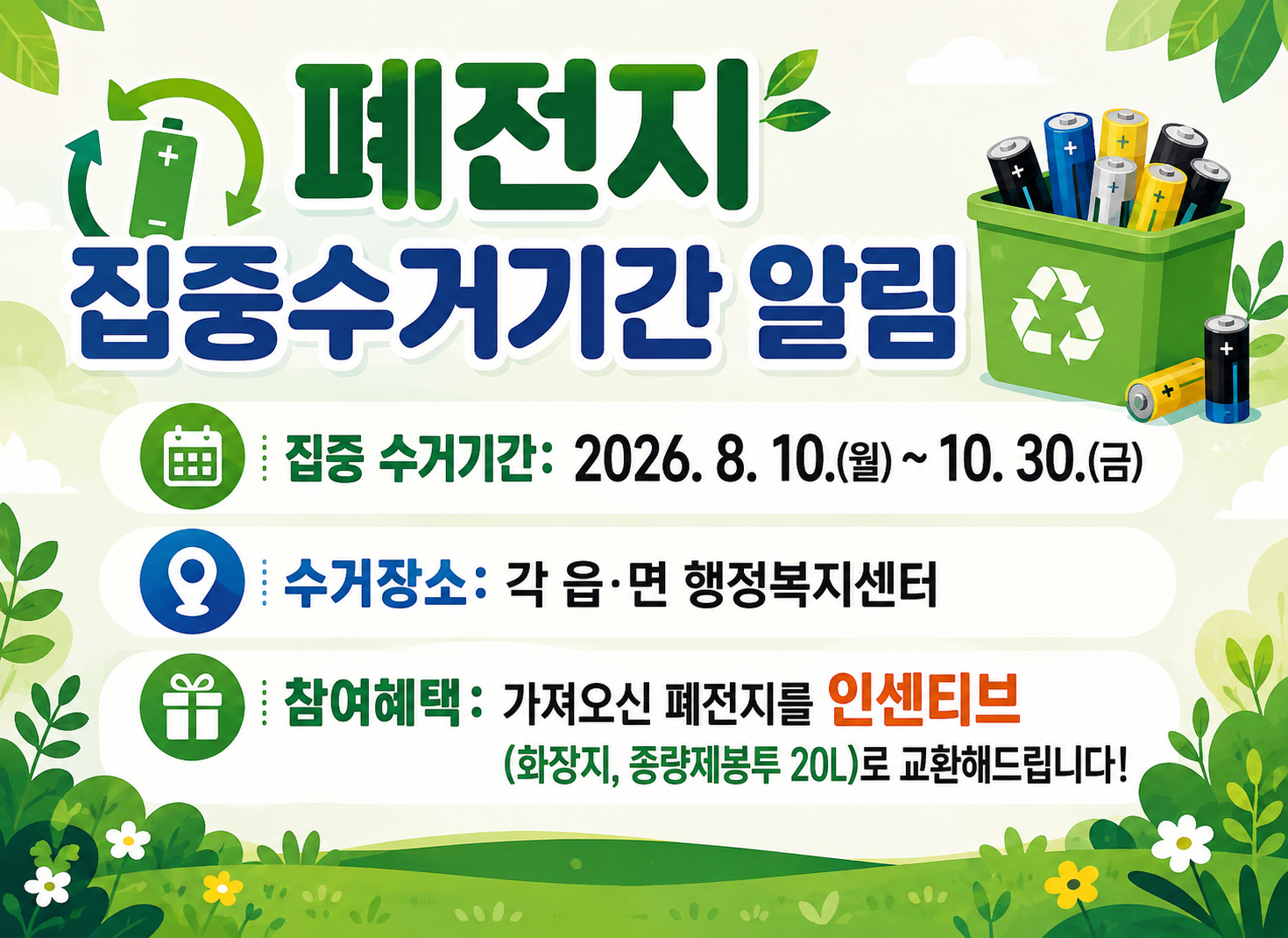 폐전지 집중수거기간 알림
○ 집중 수거기간: 2026. 8. 10.(월) ~ 10. 30.(금)
○ 수거장소: 각 읍·면 행정복지센터
○ 참여혜택: 가져오신 폐전지를 인센티브(화장지, 종량제봉투 20L)로 교환해드립니다!